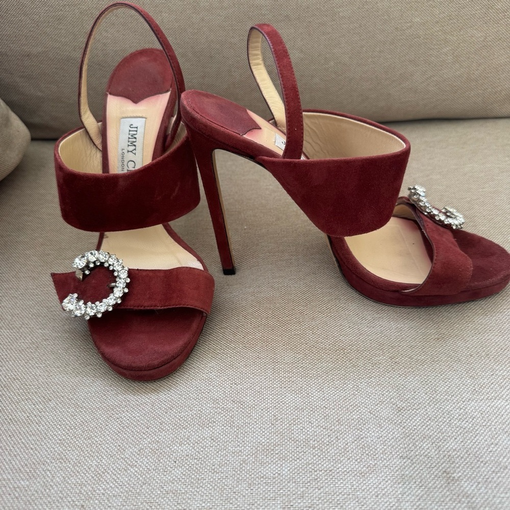 JIMMY CHOO Size SAPHIE Burgundy Suede Crystal Heels Sandals Shoes EU 37 US 7